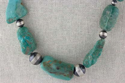 Kingman Turquoise Nugget Necklace With Handmade Sterling Silver Beads