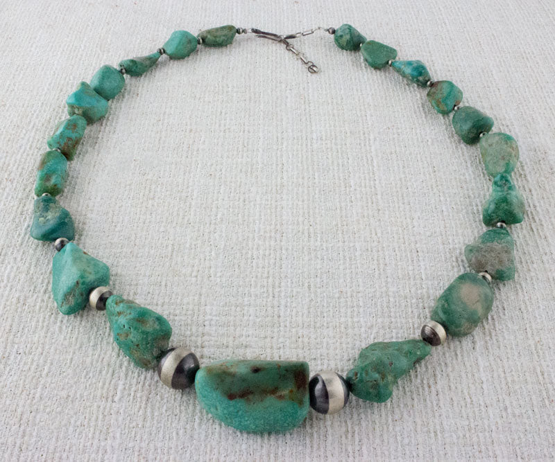 Kingman Turquoise Nugget Necklace With Handmade Sterling Silver Beads