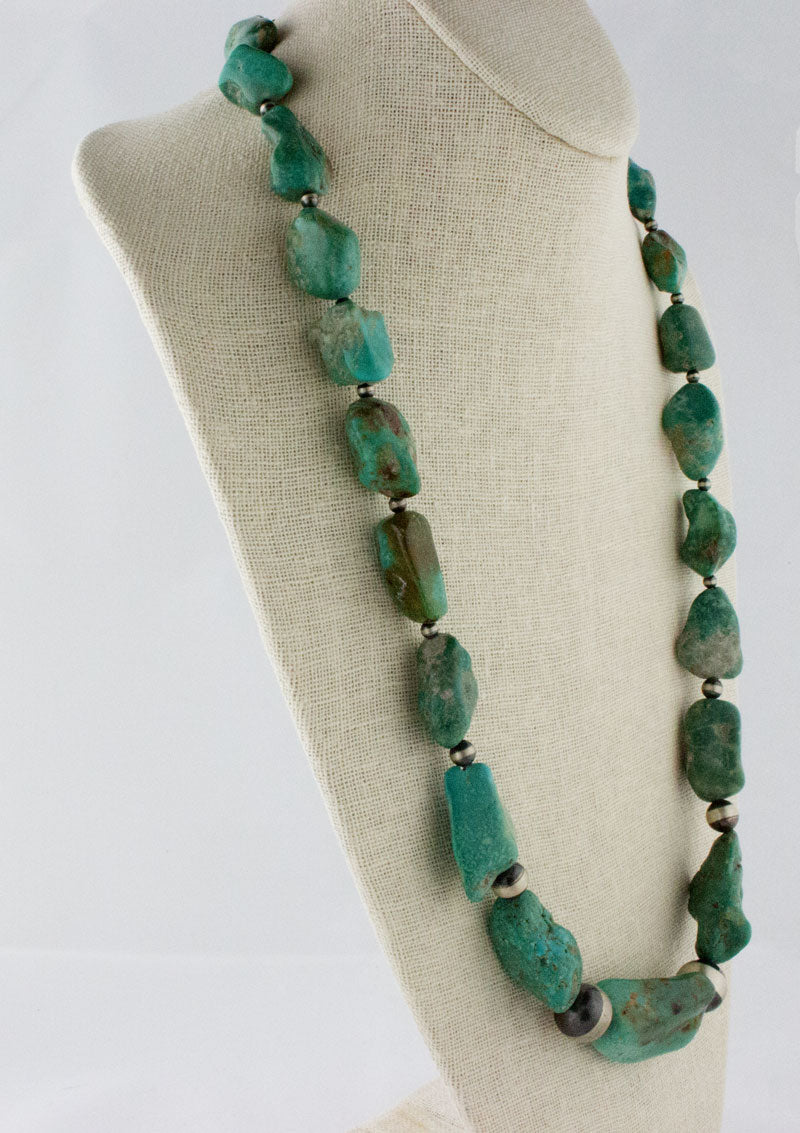 Kingman Turquoise Nugget Necklace With Handmade Sterling Silver Beads