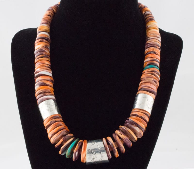 Lion's Paw Shell Disc Bead Necklace With Sterling Silver Barrel Beads