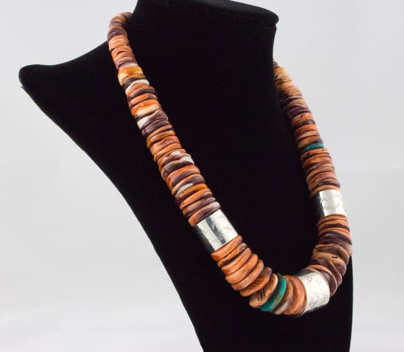 Lion's Paw Shell Disc Bead Necklace With Sterling Silver Barrel Beads