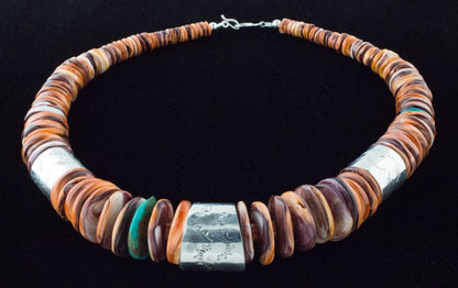 Lion's Paw Shell Disc Bead Necklace With Sterling Silver Barrel Beads