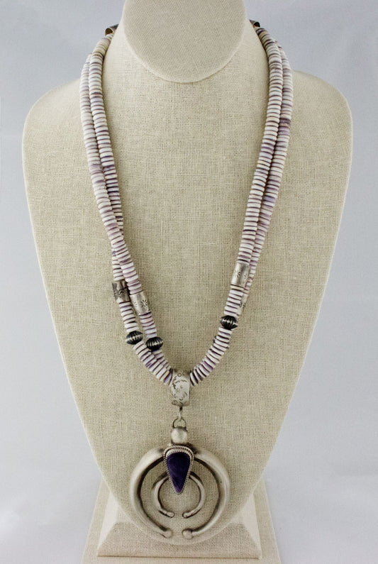 2-Strand Natural Wampum Bead Necklace With Naja Pendant