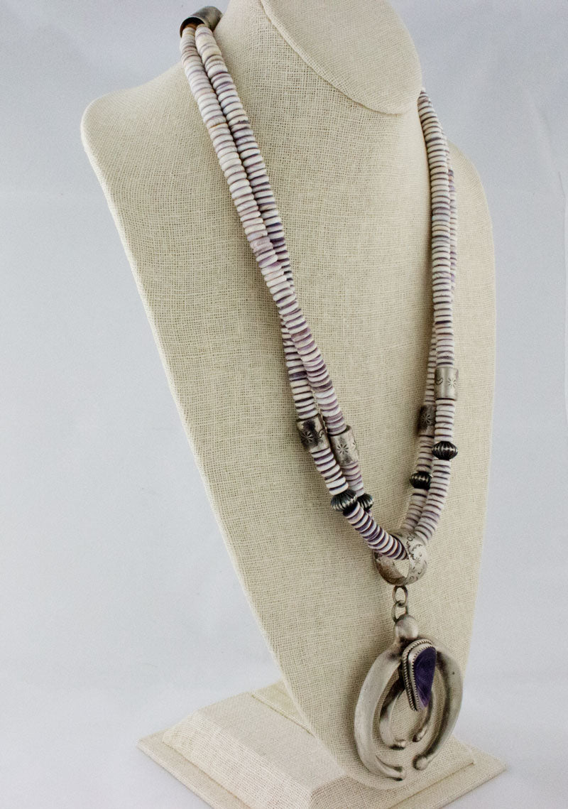 2-Strand Natural Wampum Bead Necklace With Naja Pendant