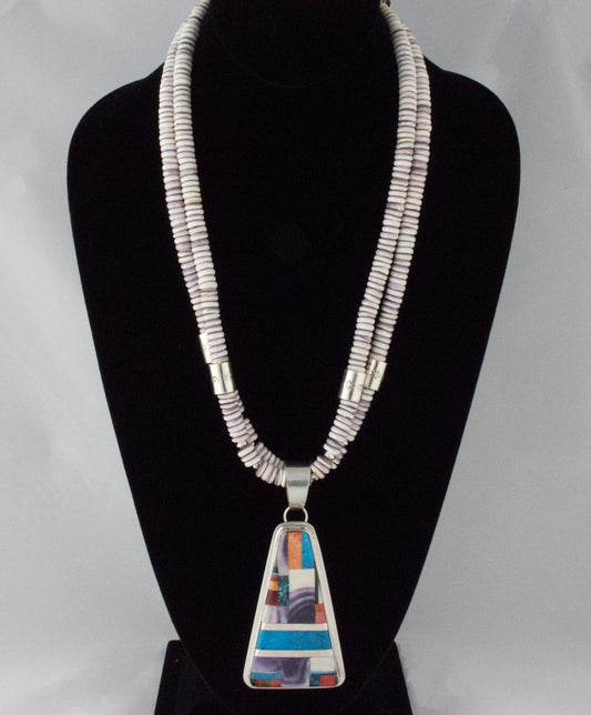 2-Strand Natural Wampum Bead Necklace With Multi-Color Inlay Pendant