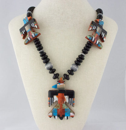 Jet & Sterling Silver Bead Necklace With 3 Multi-Color Inlay Thunderbirds