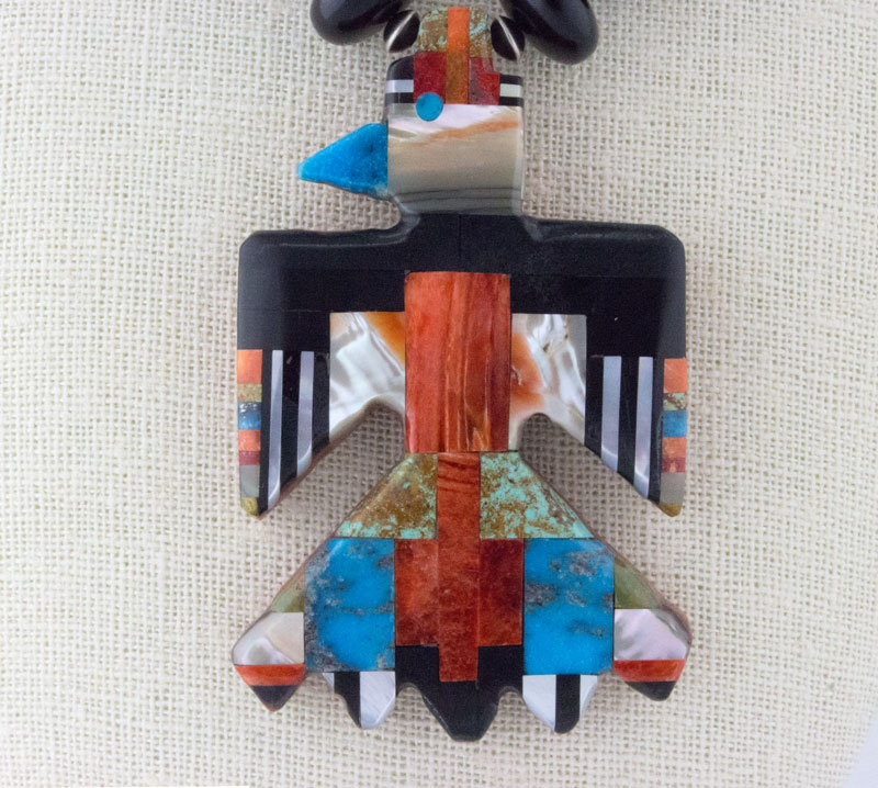 Jet & Sterling Silver Bead Necklace With 3 Multi-Color Inlay Thunderbirds