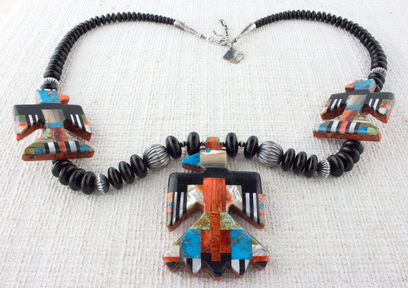 Jet & Sterling Silver Bead Necklace With 3 Multi-Color Inlay Thunderbirds