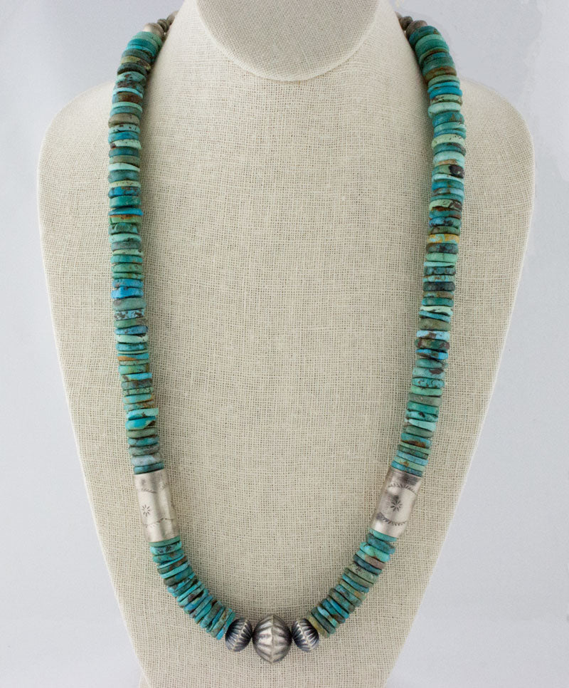 Kingman Turquoise Disc Bead Necklace With Hand Stamped Sterling Silver Barrel Beads