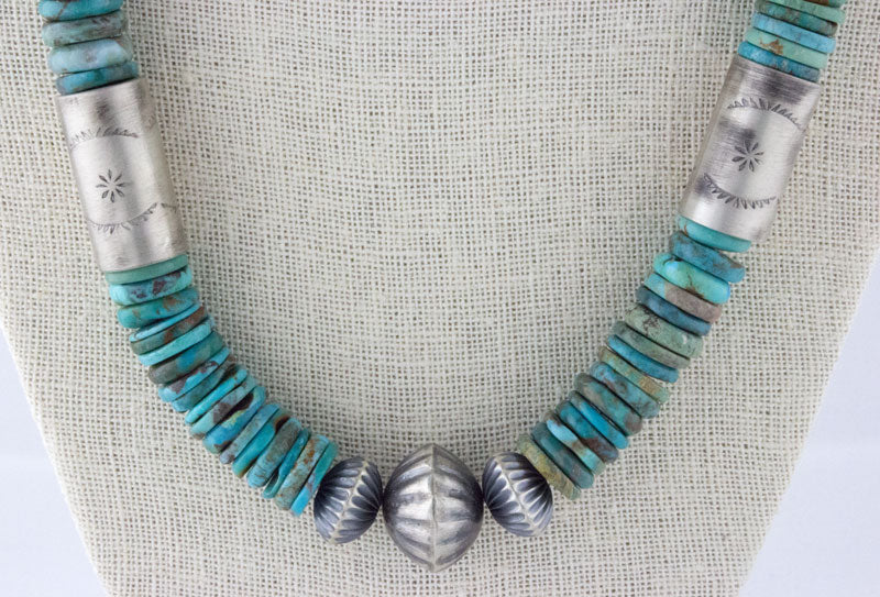 Kingman Turquoise Disc Bead Necklace With Hand Stamped Sterling Silver Barrel Beads