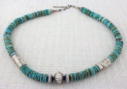 Kingman Turquoise Disc Bead Necklace With Hand Stamped Sterling Silver Barrel Beads