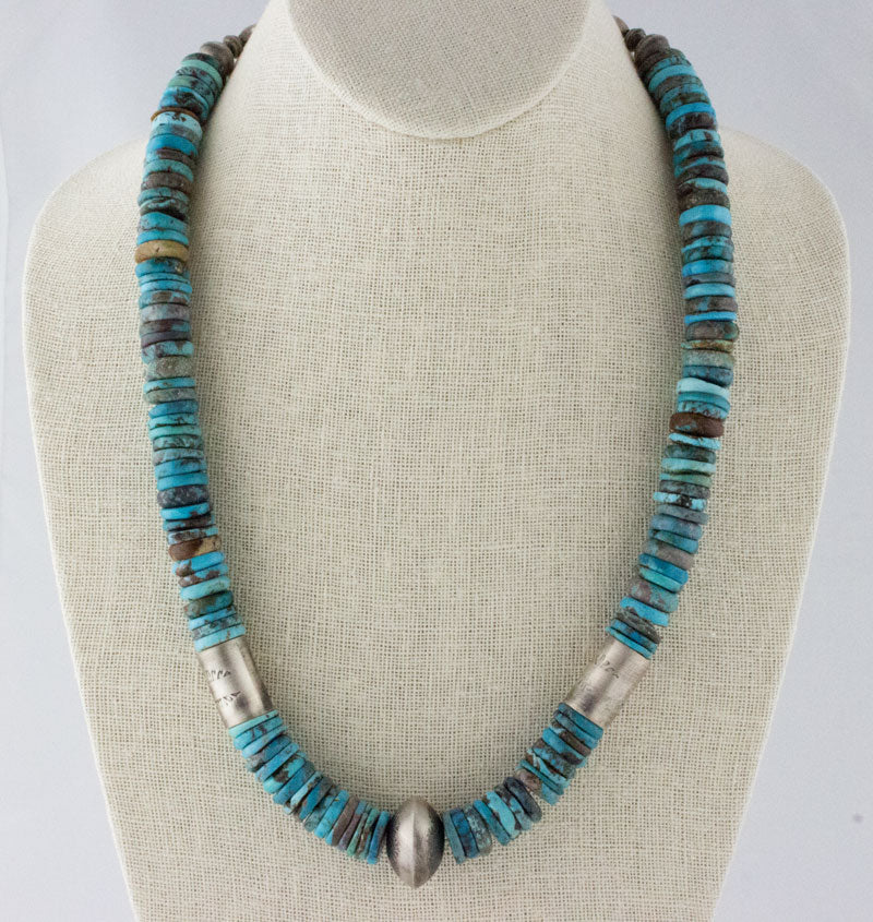 Kingman Turquoise Disc Bead Necklace With Hand Stamped Sterling Silver Barrel Beads