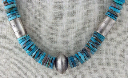 Kingman Turquoise Disc Bead Necklace With Hand Stamped Sterling Silver Barrel Beads