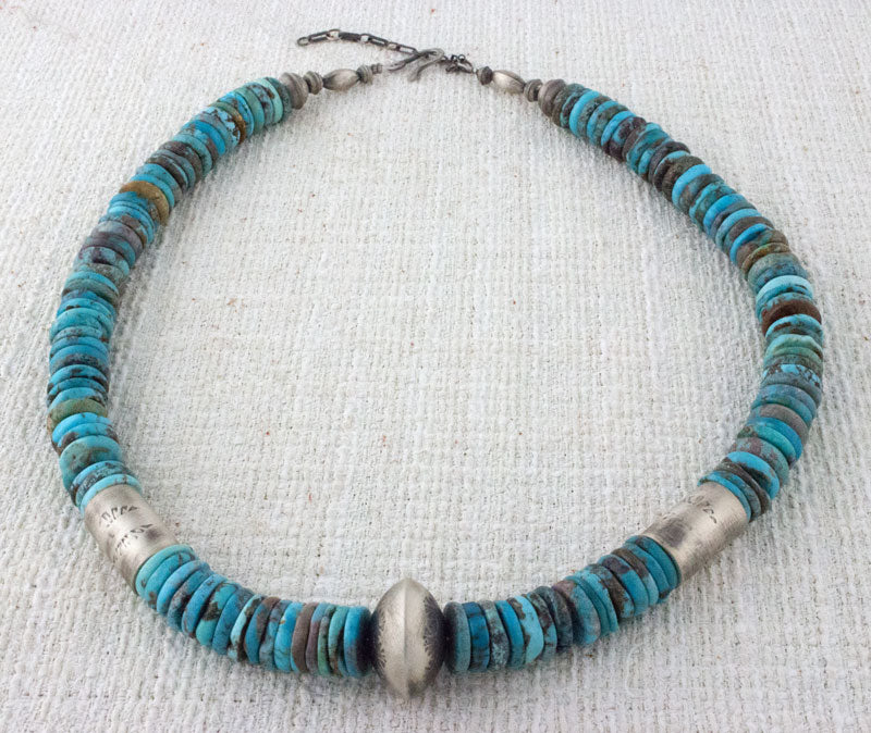 Kingman Turquoise Disc Bead Necklace With Hand Stamped Sterling Silver Barrel Beads