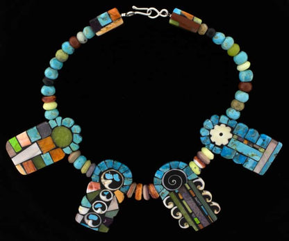 Multi-Stone Bead Necklace With 4 Multi-Stone Inlay Tabs