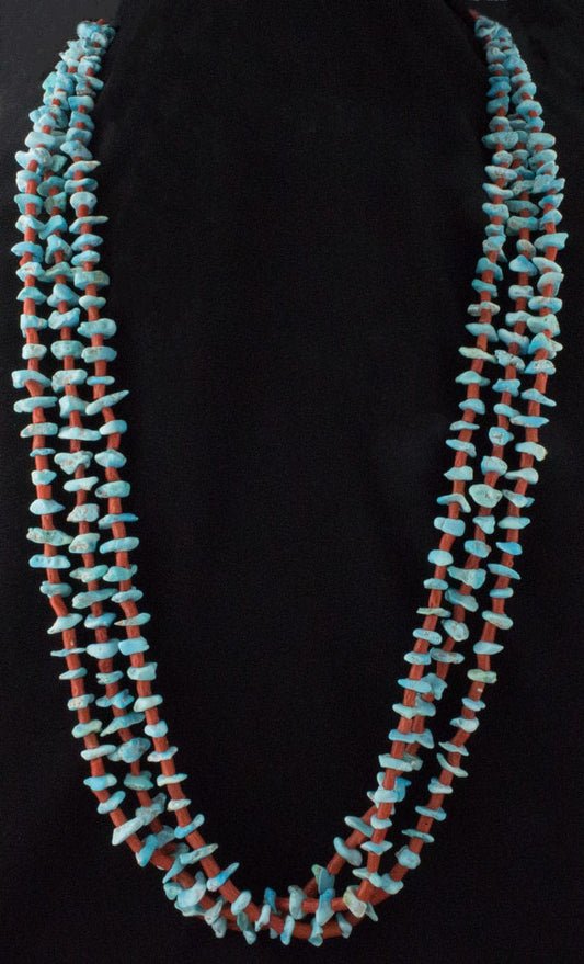 3-Strand Natural Castle Dome Turquoise Chip & Coral Bead Necklace