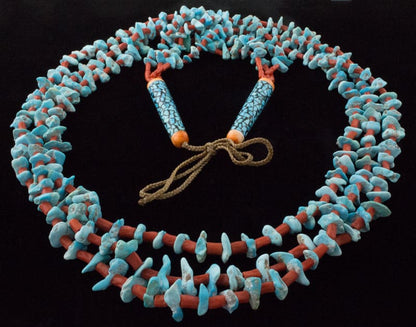 3-Strand Natural Castle Dome Turquoise Chip & Coral Bead Necklace