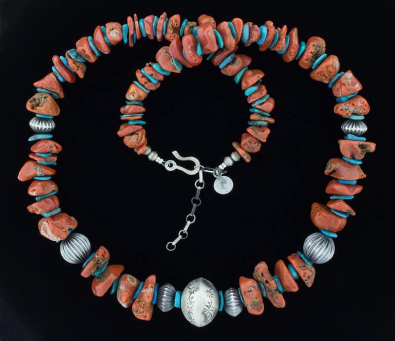 High Grade Natural Mediterranean Coral Nugget & Kingman Turquoise Wafer Bead Necklace