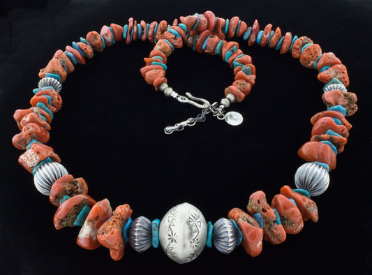 High Grade Natural Mediterranean Coral Nugget & Kingman Turquoise Wafer Bead Necklace