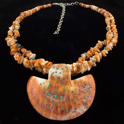 2-Strand Orange Spiny Oyster Nugget & Bead Necklace With Kingman Turquoise