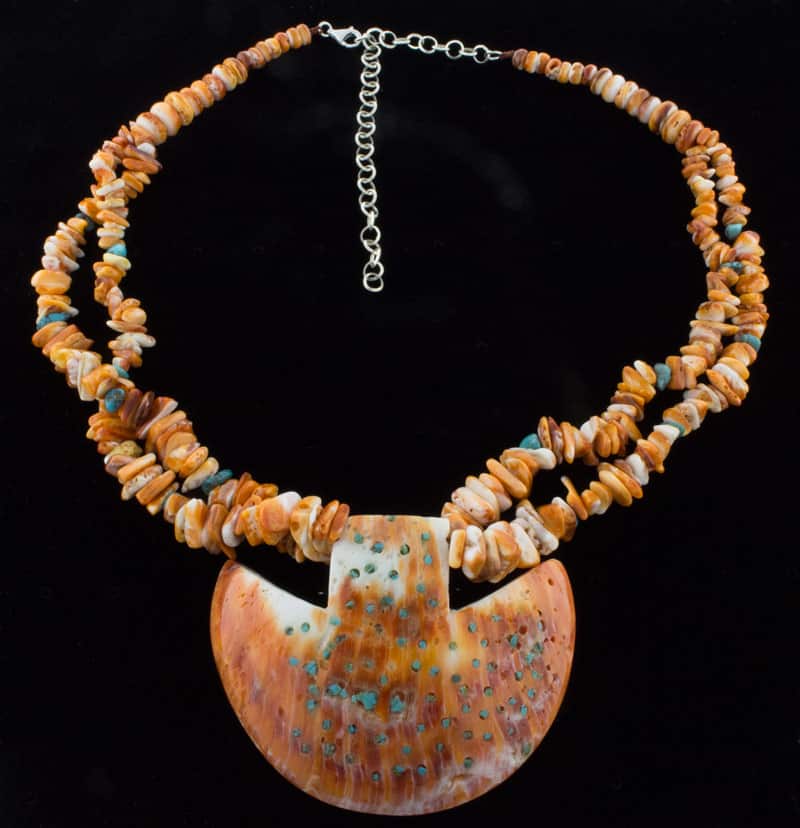 2-Strand Orange Spiny Oyster Nugget & Bead Necklace With Kingman Turquoise