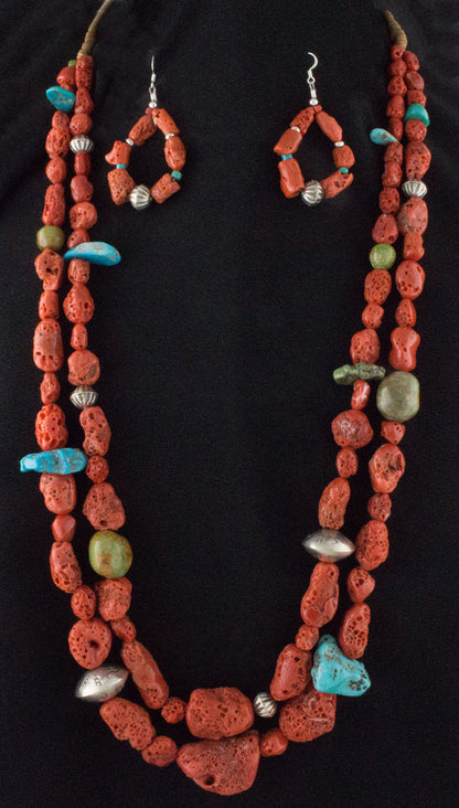 2-Strand Natural Coral Necklace With Assorted Natural Turquoise, Sterling Silver Beads And Matching Earrings