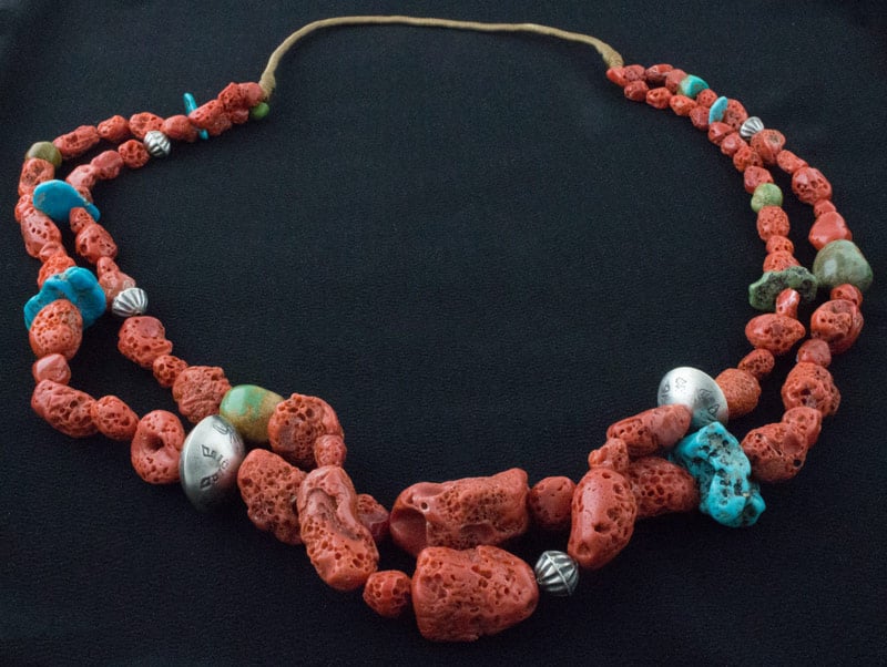 2-Strand Natural Coral Necklace With Assorted Natural Turquoise, Sterling Silver Beads And Matching Earrings