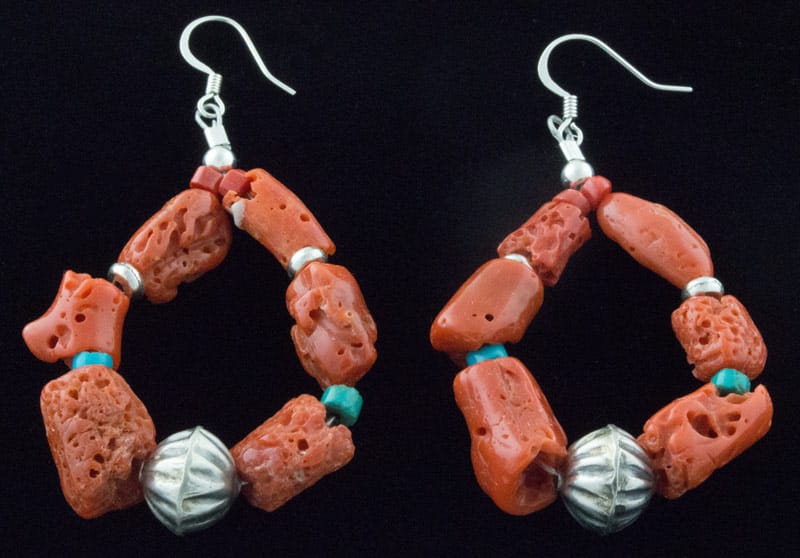 2-Strand Natural Coral Necklace With Assorted Natural Turquoise, Sterling Silver Beads And Matching Earrings