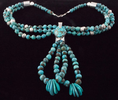 3-Strand Natural Kingman Round Turquoise Bead Necklace With Jacla Pendant