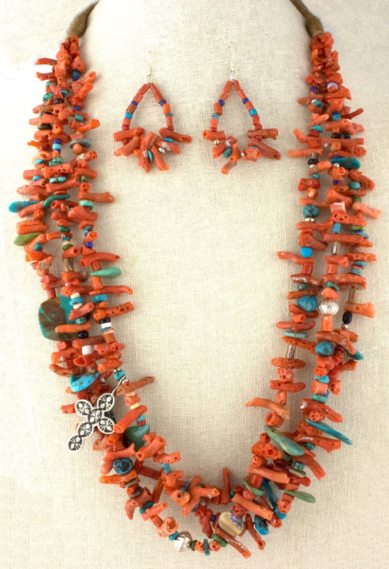 3-Strand Coral Necklace With Assorted Stones And Matching Earrings