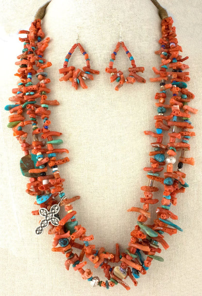 3-Strand Coral Necklace With Assorted Stones And Matching Earrings