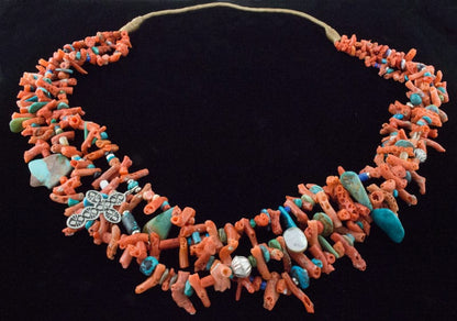 3-Strand Coral Necklace With Assorted Stones And Matching Earrings