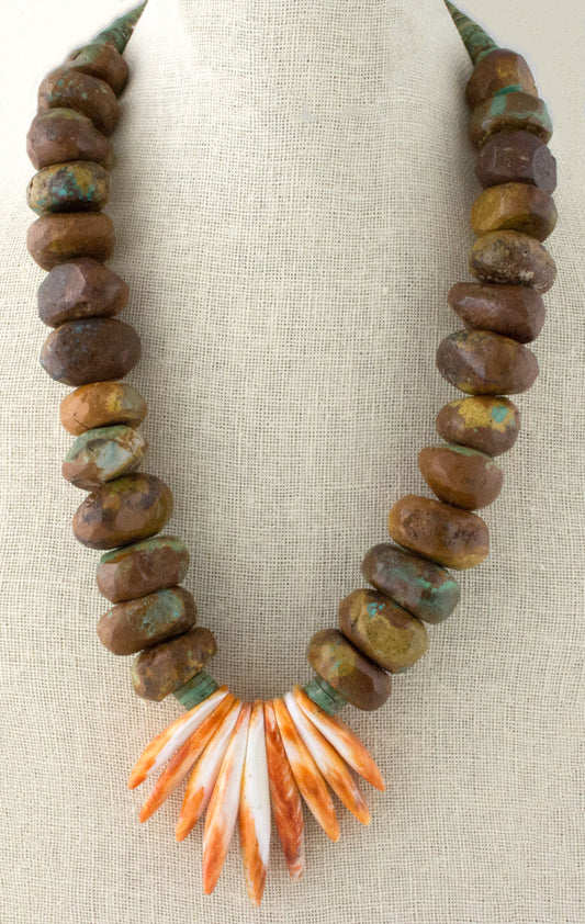 Kingman Turquoise Round Bead Necklace With Orange Spiny Oyster "Eagle Fantail"