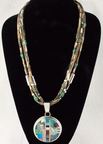 3-Strand Abalone Bead Necklace With Multi-Stone Inlay Pendant