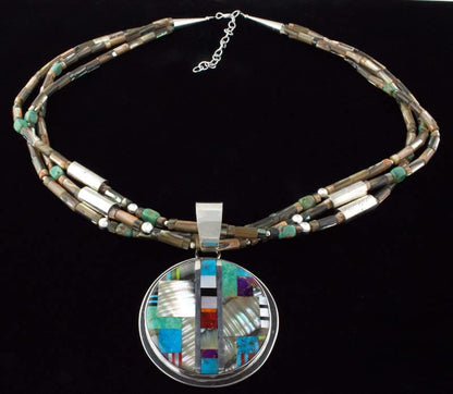 3-Strand Abalone Bead Necklace With Multi-Stone Inlay Pendant