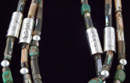 3-Strand Abalone Bead Necklace With Multi-Stone Inlay Pendant