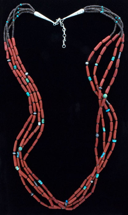 4-Strand High Grade Natural Mediterranean Tubular Coral Bead & Heishi Necklace