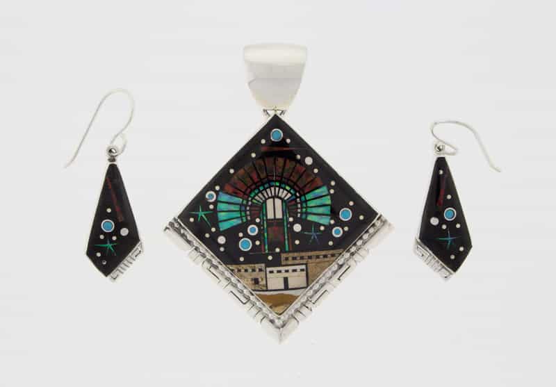 Fancy Multi-Stone Micro Inlay Pendant And Matching Earrings Set