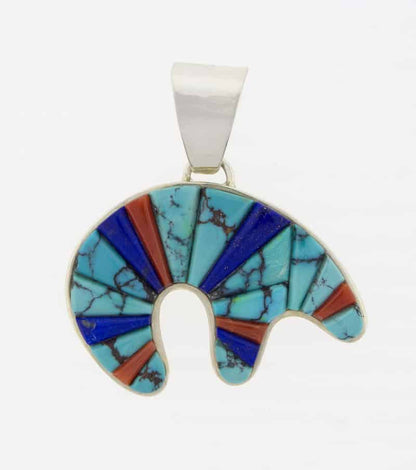 Reversible Multi-Color Raised Cobblestone Inlay & Sterling Overlay Bear Pendant