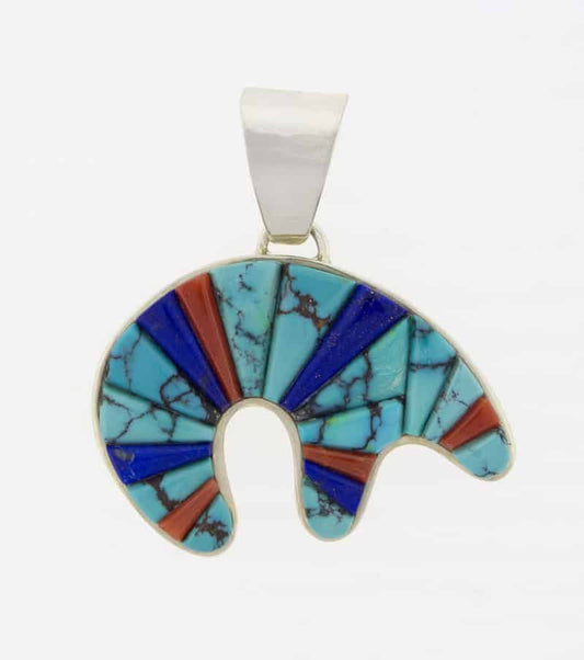 Pendentif ours en inlay de pavé surélevé multicolore réversible et en argent sterling