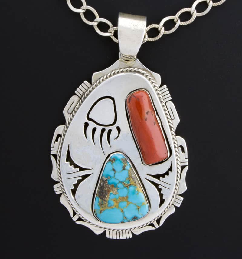 Collier en chaîne en argent sterling avec pendentif en ombre de turquoise naturelle de Candelaria et corail