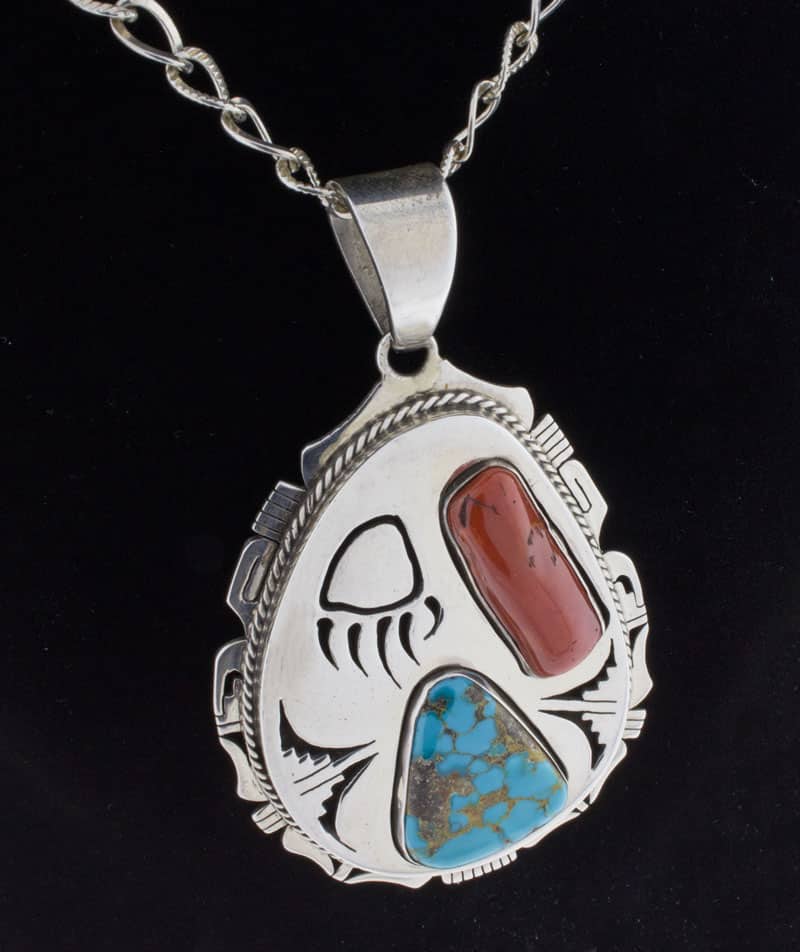 Collier en chaîne en argent sterling avec pendentif en ombre de turquoise naturelle de Candelaria et corail