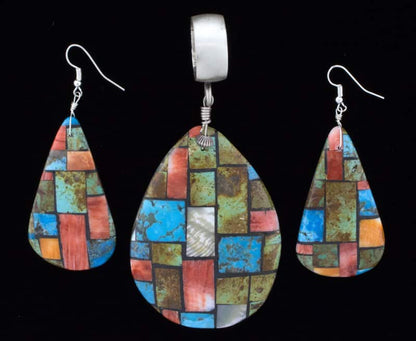 Large Pear Shaped Multi-Stone Inlay Pendant & Matching Earrings Set