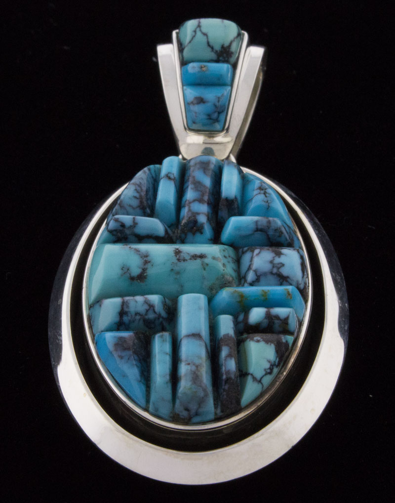 High Grade Natural Cloud Mountain Turquoise Raised Cobblestone Inlay Pendant