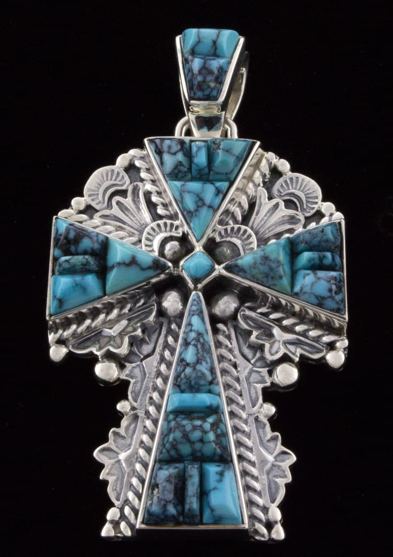 High Grade Natural Cloud Mountain Turquoise Raised Cobblestone Inlay Cross Pendant