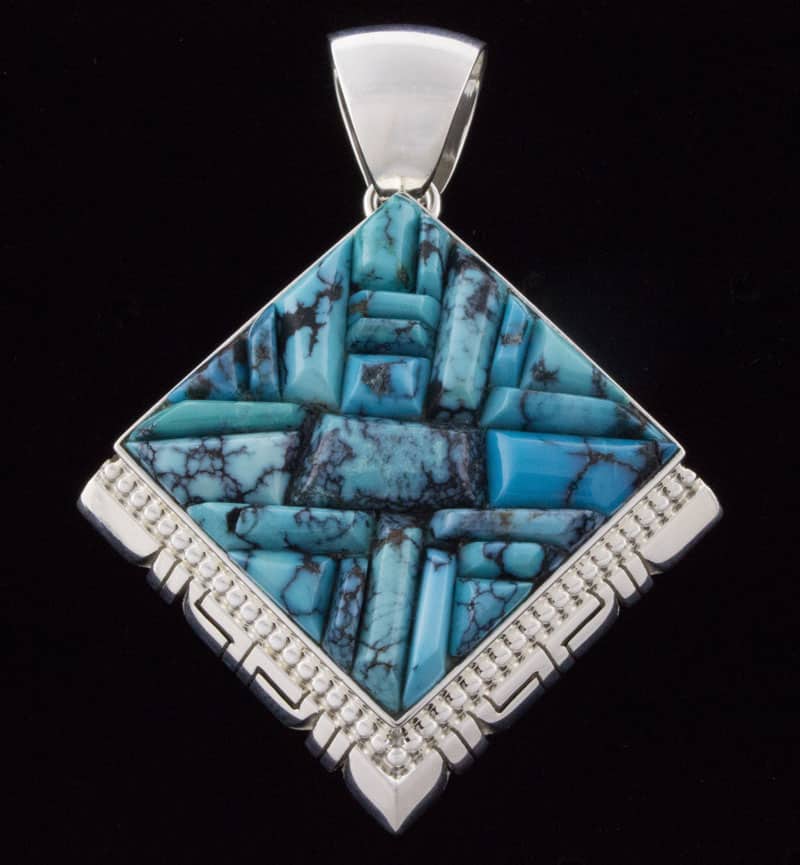 High Grade Natural Cloud Mountain Turquoise Raised Cobblestone Inlay Pendant