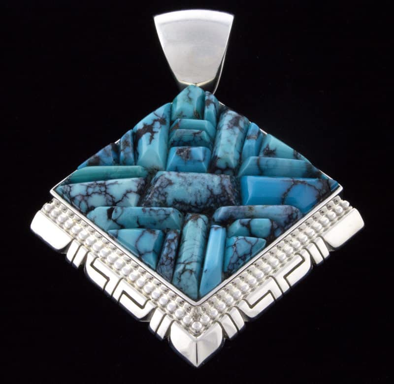 High Grade Natural Cloud Mountain Turquoise Raised Cobblestone Inlay Pendant