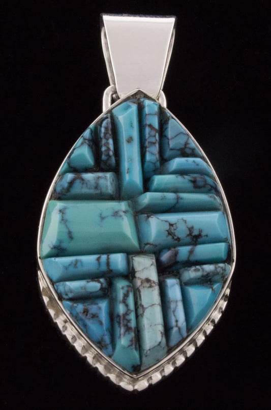 High Grade Natural Cloud Mountain Turquoise Raised Cobblestone Inlay Pendant