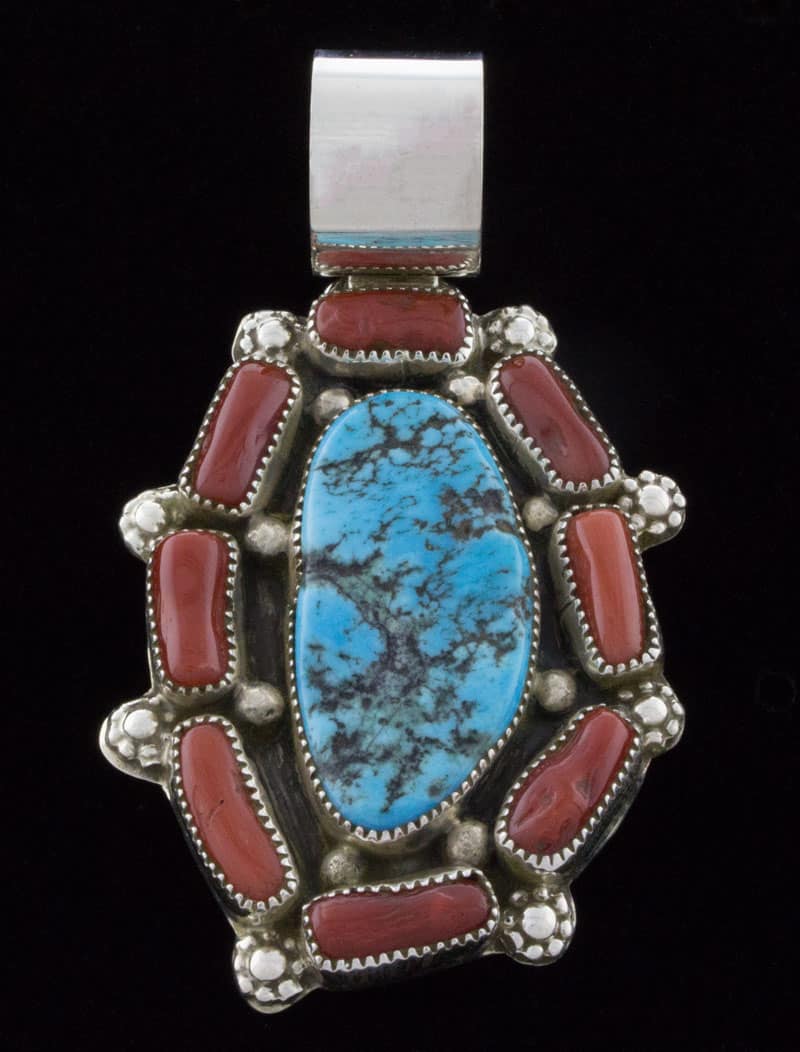 Natural "Sea Foam" Sleeping Beauty Turquoise Pendant With Natural Mediterranean Coral Surround