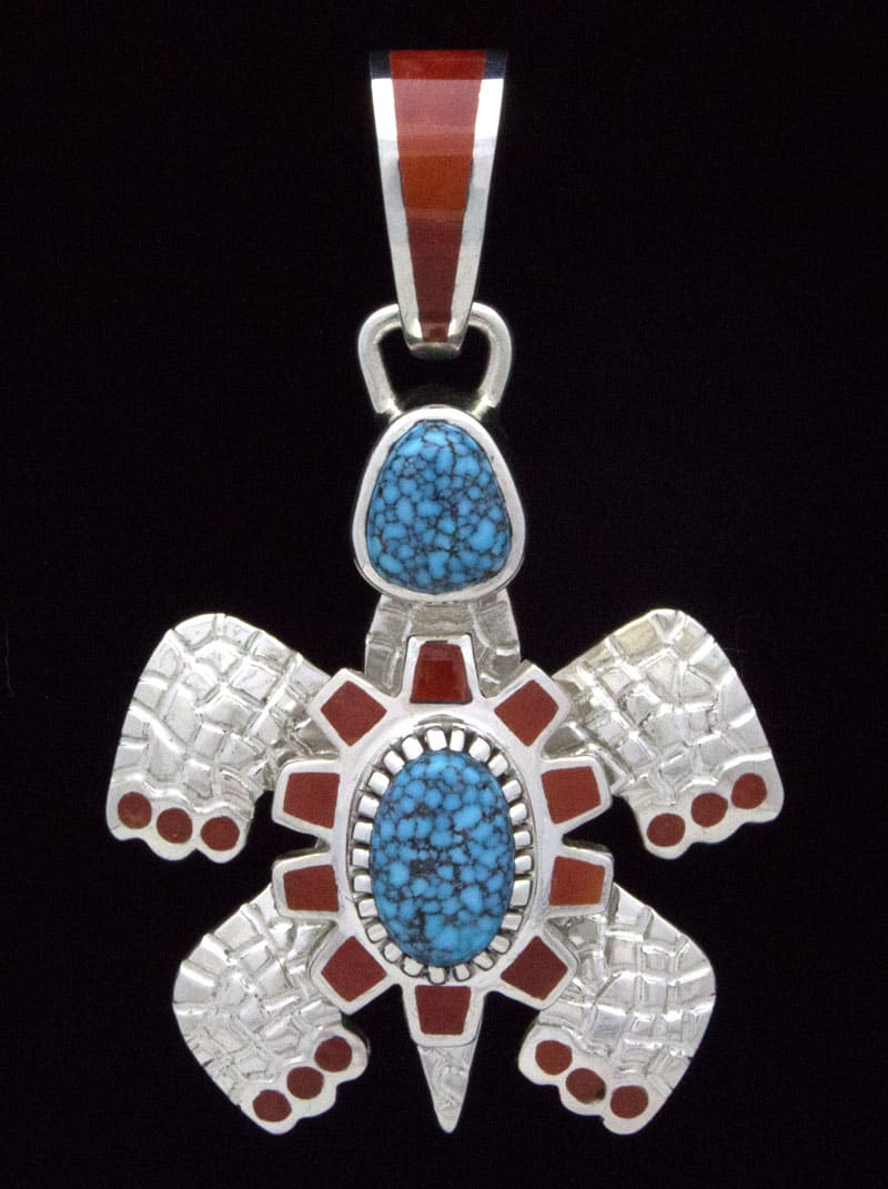 High Grade Natural Black Web Kingman Turquoise & Coral Inlay Turtle Pendant